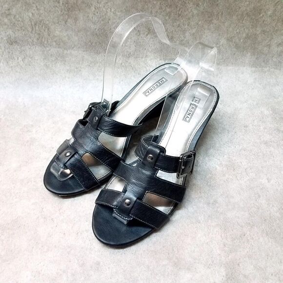 Merona Womens Edwina Size 7.5 Black Leather Open Toe Slide Wedge Sandals - Picture 3 of 10